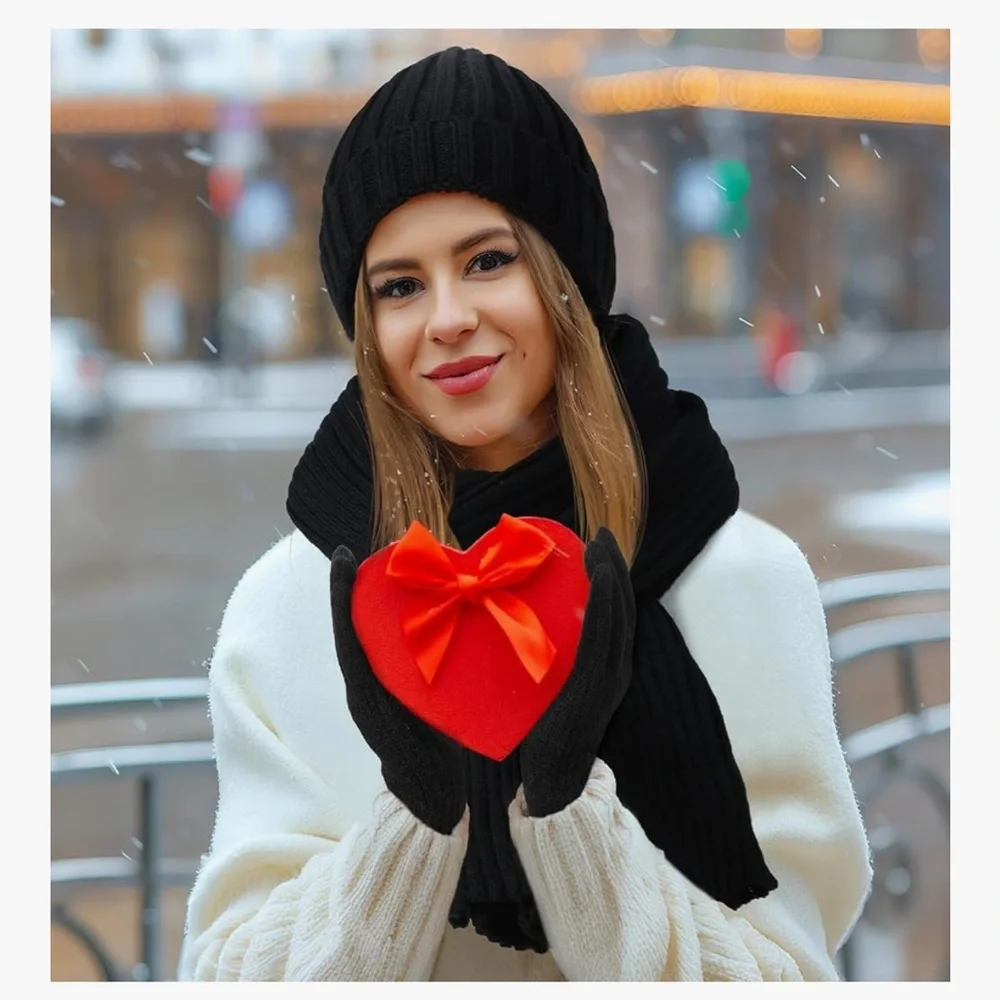 🆕 Winter Hat Beanie Long Scarf Touchscreen Gloves Set, 3Pcs Soft Thick Fleece